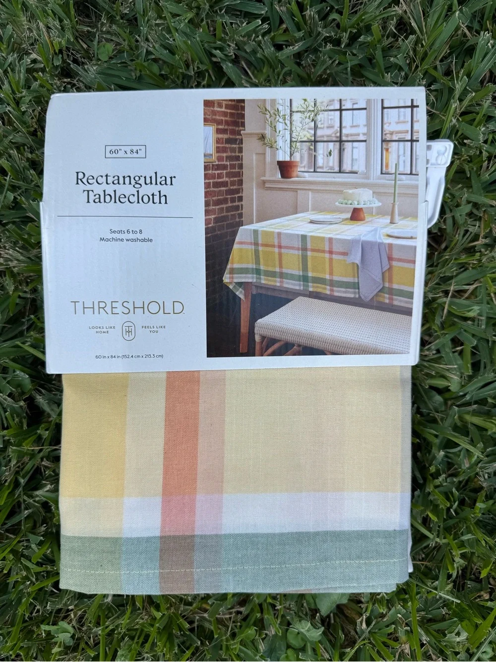 Threshold Rectangular Tablecloth in Yellow Green Orange Plaid Spring 60x84